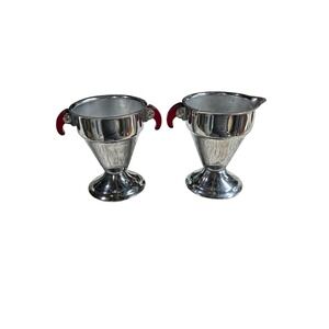 Vintage Art Deco Chrome Cream and Sugar Set Red Bakelite Handles Mid Century